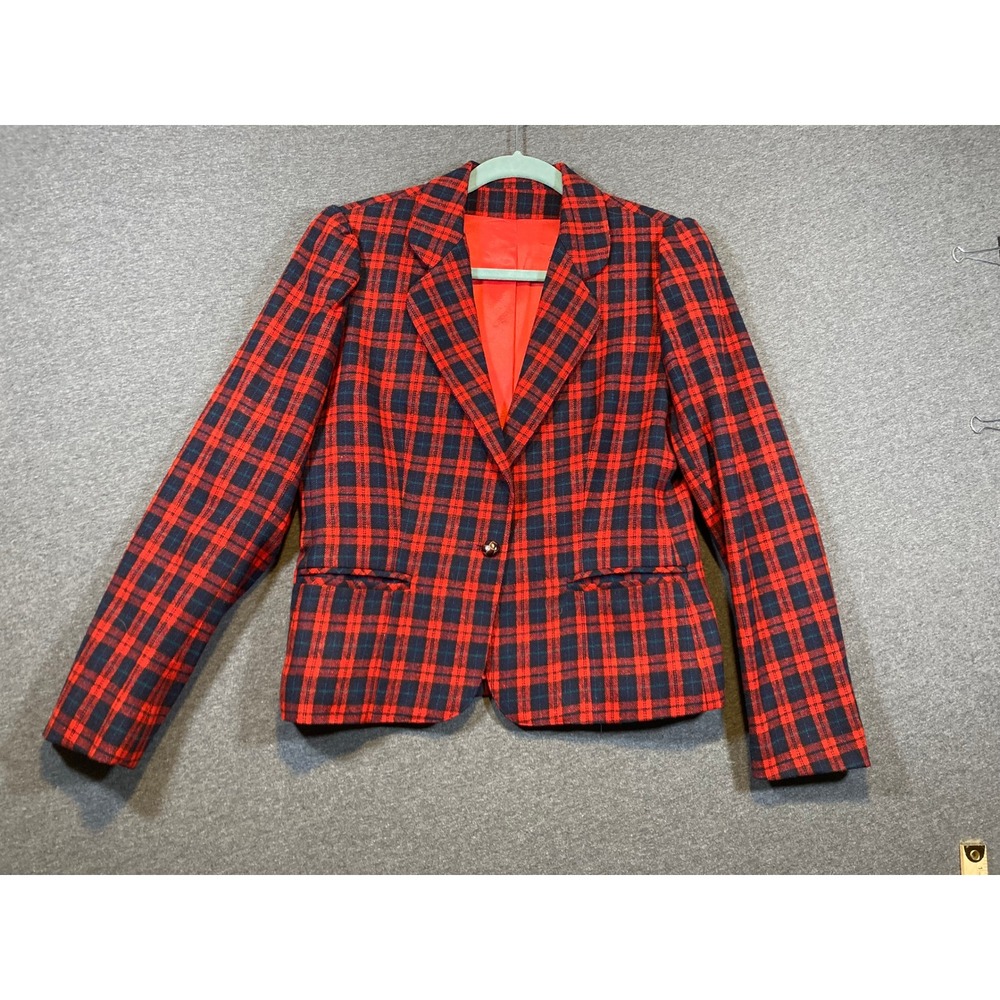 Vintage Crazy‎ Horse Plaid Blazer Red Navy Blue Union Made USA Women Size 9/10